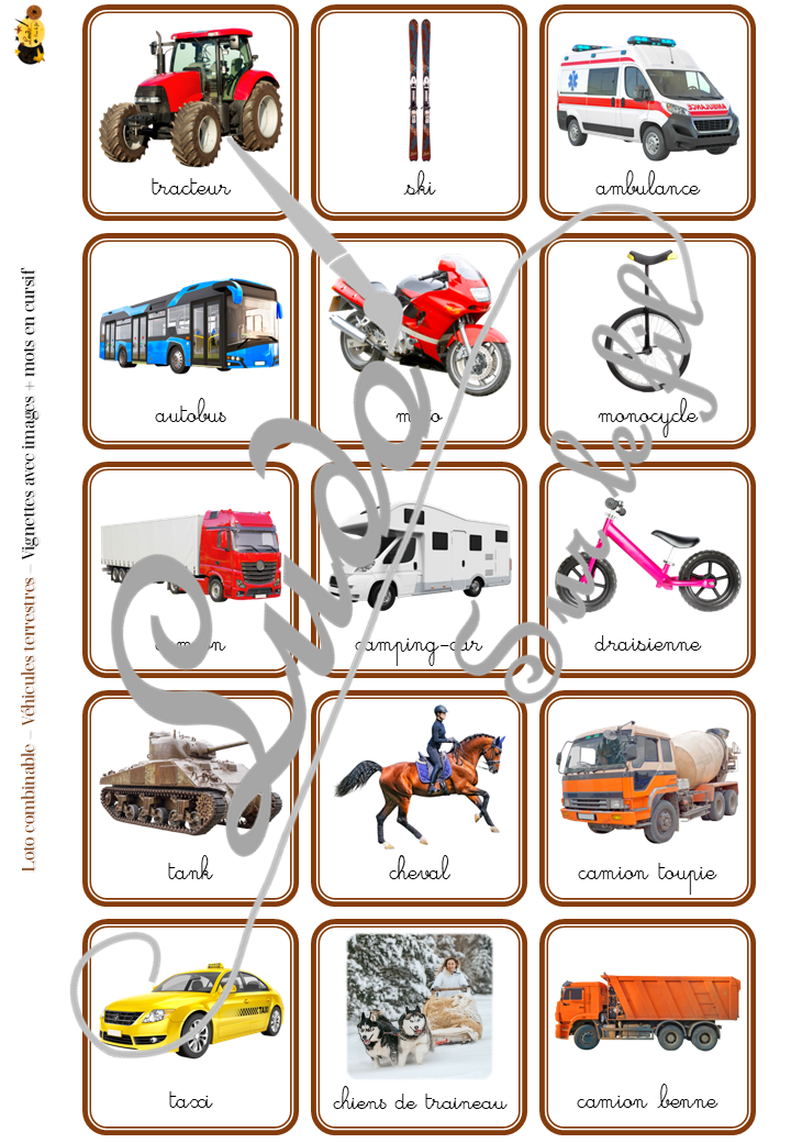 Loto combinable - Véhicules et moyens de transport terrestres - Images, noms et mots pour combiner à volonté et travailler différentes compétences - Photos sur fond blanc - Jeu progressif - Plusieurs niveaux possibles - Lecture et observation - Discrimination visuelle - 4 roues, 2 roues, camions, transports en commun, travaux... - PDF à télécharger et à imprimer ou jeu imprimé - Atelier maternelle ou cycle 2 - lexique vocabulaire - lslf