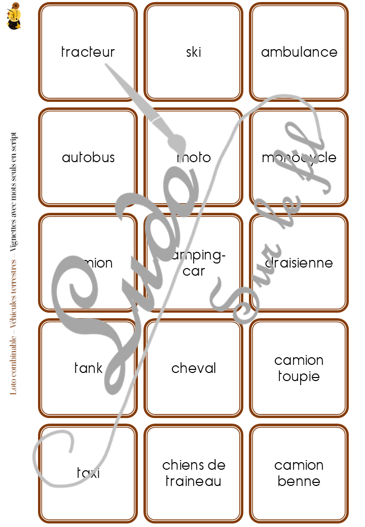 Loto combinable - Véhicules et moyens de transport terrestres - Images, noms et mots pour combiner à volonté et travailler différentes compétences - Photos sur fond blanc - Jeu progressif - Plusieurs niveaux possibles - Lecture et observation - Discrimination visuelle - 4 roues, 2 roues, camions, transports en commun, travaux... - PDF à télécharger et à imprimer ou jeu imprimé - Atelier maternelle ou cycle 2 - lexique vocabulaire - lslf