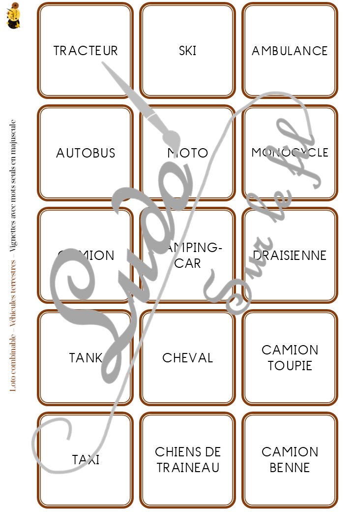 Loto combinable - Véhicules et moyens de transport terrestres - Images, noms et mots pour combiner à volonté et travailler différentes compétences - Photos sur fond blanc - Jeu progressif - Plusieurs niveaux possibles - Lecture et observation - Discrimination visuelle - 4 roues, 2 roues, camions, transports en commun, travaux... - PDF à télécharger et à imprimer ou jeu imprimé - Atelier maternelle ou cycle 2 - lexique vocabulaire - lslf