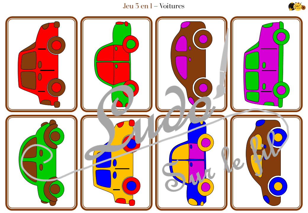 Jeu 3 en 1 Voitures - Jeu de dés autour des couleurs - Memory - Mistigri - Travail de la discrimination visuelle, de la rapidité, de l'observation et de la mémoire - Thème sur les véhicules terrestres - Atelier préscolaire et maternelle autonome - Thème Véhicules terrestres - Support pédagogique - Document PDF à télécharger et imprimer ou jeu imprimé - ludique - lslf