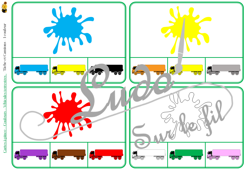 Jeu de cartes à pince sur les couleurs et les véhicules terrestres - Pour un thème sur les voitures, camions et autres moyens de transport - 78 cartes réparties en 6 niveaux de difficulté - progressif - 1, 2, 3 couleurs - Véhicules et couleurs ou deux véhicules différents - Autocorrection au dos - Atelier préscolaire et maternelle autonome - Thème Véhicules terrestres - Support pédagogique - Document PDF à télécharger et imprimer ou jeu imprimé - Motricité fine et pince Pouce-Index avec pinces à linge - ludique - lslf