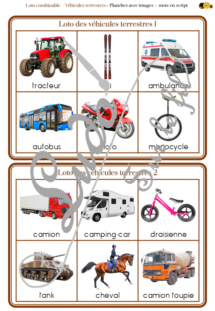 Loto combinable - Véhicules et moyens de transport terrestres - Images, noms et mots pour combiner à volonté et travailler différentes compétences - Photos sur fond blanc - Jeu progressif - Plusieurs niveaux possibles - Lecture et observation - Discrimination visuelle - 4 roues, 2 roues, camions, transports en commun, travaux... - PDF à télécharger et à imprimer ou jeu imprimé - Atelier maternelle ou cycle 2 - lexique vocabulaire - lslf
