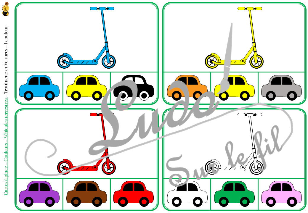 Jeu de cartes à pince sur les couleurs et les véhicules terrestres - Pour un thème sur les voitures, camions et autres moyens de transport - 78 cartes réparties en 6 niveaux de difficulté - progressif - 1, 2, 3 couleurs - Véhicules et couleurs ou deux véhicules différents - Autocorrection au dos - Atelier préscolaire et maternelle autonome - Thème Véhicules terrestres - Support pédagogique - Document PDF à télécharger et imprimer ou jeu imprimé - Motricité fine et pince Pouce-Index avec pinces à linge - ludique - lslf