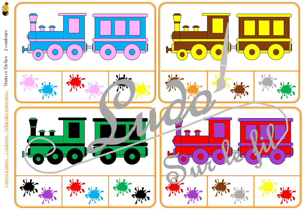 Jeu de cartes à pince sur les couleurs et les véhicules terrestres - Pour un thème sur les voitures, camions et autres moyens de transport - 78 cartes réparties en 6 niveaux de difficulté - progressif - 1, 2, 3 couleurs - Véhicules et couleurs ou deux véhicules différents - Autocorrection au dos - Atelier préscolaire et maternelle autonome - Thème Véhicules terrestres - Support pédagogique - Document PDF à télécharger et imprimer ou jeu imprimé - Motricité fine et pince Pouce-Index avec pinces à linge - ludique - lslf