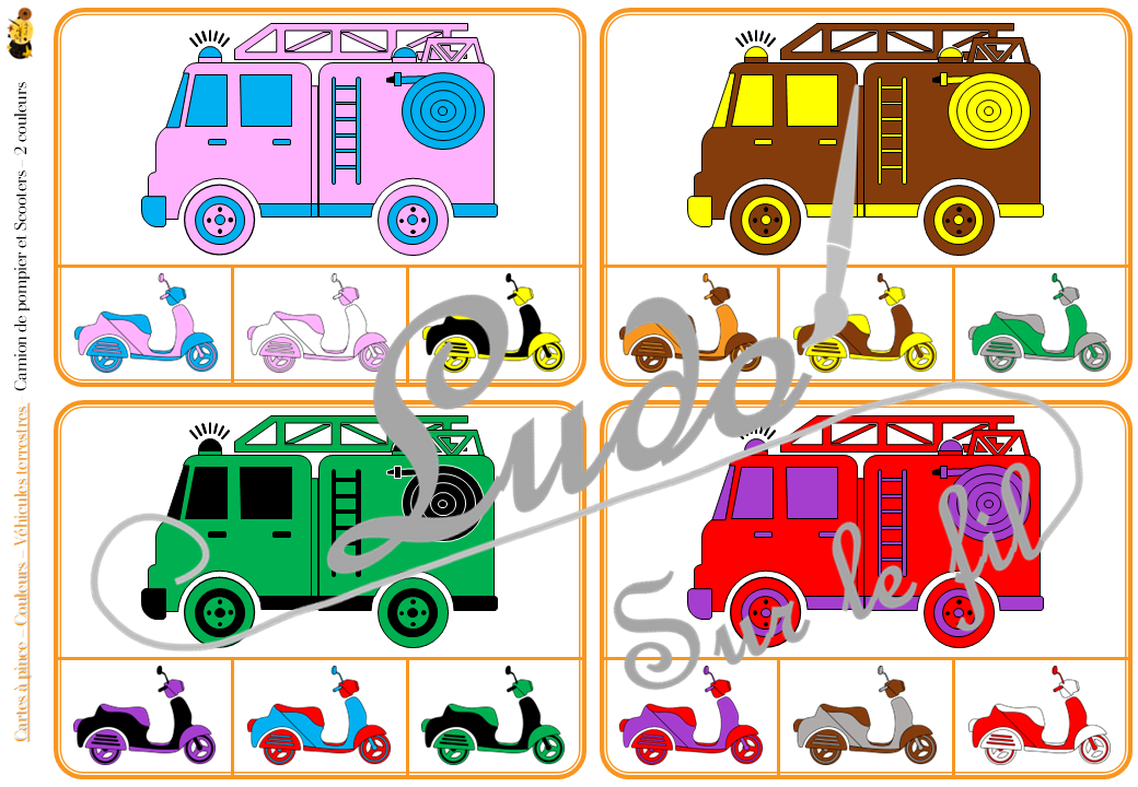 Jeu de cartes à pince sur les couleurs et les véhicules terrestres - Pour un thème sur les voitures, camions et autres moyens de transport - 78 cartes réparties en 6 niveaux de difficulté - progressif - 1, 2, 3 couleurs - Véhicules et couleurs ou deux véhicules différents - Autocorrection au dos - Atelier préscolaire et maternelle autonome - Thème Véhicules terrestres - Support pédagogique - Document PDF à télécharger et imprimer ou jeu imprimé - Motricité fine et pince Pouce-Index avec pinces à linge - ludique - lslf