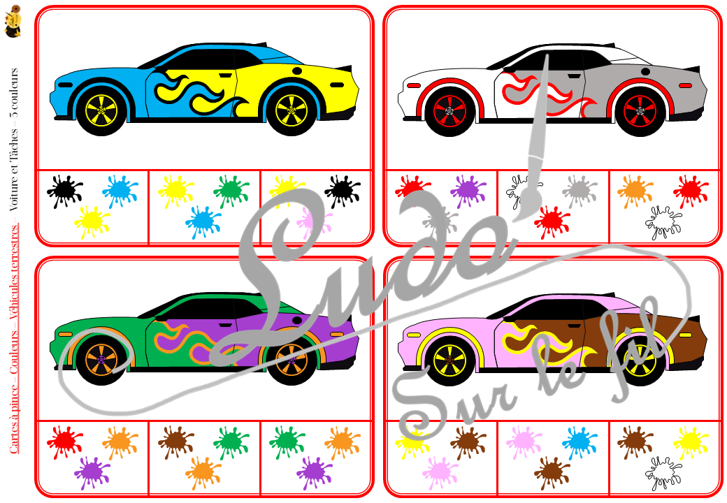 Jeu de cartes à pince sur les couleurs et les véhicules terrestres - Pour un thème sur les voitures, camions et autres moyens de transport - 78 cartes réparties en 6 niveaux de difficulté - progressif - 1, 2, 3 couleurs - Véhicules et couleurs ou deux véhicules différents - Autocorrection au dos - Atelier préscolaire et maternelle autonome - Thème Véhicules terrestres - Support pédagogique - Document PDF à télécharger et imprimer ou jeu imprimé - Motricité fine et pince Pouce-Index avec pinces à linge - ludique - lslf
