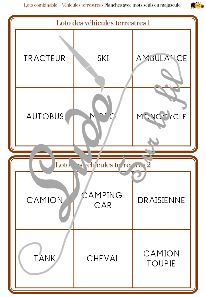 Loto combinable - Véhicules et moyens de transport terrestres - Images, noms et mots pour combiner à volonté et travailler différentes compétences - Photos sur fond blanc - Jeu progressif - Plusieurs niveaux possibles - Lecture et observation - Discrimination visuelle - 4 roues, 2 roues, camions, transports en commun, travaux... - PDF à télécharger et à imprimer ou jeu imprimé - Atelier maternelle ou cycle 2 - lexique vocabulaire - lslf