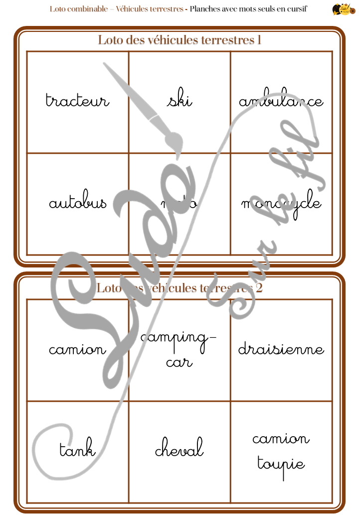 Loto combinable - Véhicules et moyens de transport terrestres - Images, noms et mots pour combiner à volonté et travailler différentes compétences - Photos sur fond blanc - Jeu progressif - Plusieurs niveaux possibles - Lecture et observation - Discrimination visuelle - 4 roues, 2 roues, camions, transports en commun, travaux... - PDF à télécharger et à imprimer ou jeu imprimé - Atelier maternelle ou cycle 2 - lexique vocabulaire - lslf