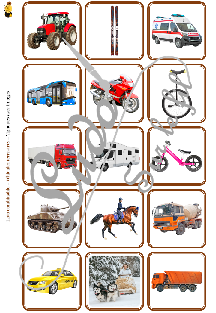 Loto combinable - Véhicules et moyens de transport terrestres - Images, noms et mots pour combiner à volonté et travailler différentes compétences - Photos sur fond blanc - Jeu progressif - Plusieurs niveaux possibles - Lecture et observation - Discrimination visuelle - 4 roues, 2 roues, camions, transports en commun, travaux... - PDF à télécharger et à imprimer ou jeu imprimé - Atelier maternelle ou cycle 2 - lexique vocabulaire - lslf