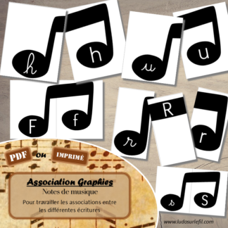 Jeu d'association différentes graphies des lettres - Notes de musique - pour un thème sur la fête de la musique ou l'été - Ecritures majuscule et minuscule script et minuscule cursif - Ordre alphabétique - Alphabet - Atelier autonome maternelle - IEF - PDF à télécharger et imprimer ou jeu imprimé - version cartes facile à découper - Puzzles Association double croches - Français - lslf