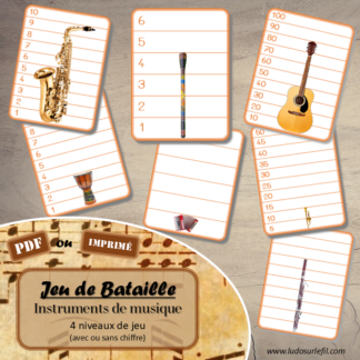 Jeu de bataille - Instruments de musique - Comparaison de taille et de chiffres et nombres - 4 niveaux - avec ou sans chiffre - de 1 à 6 - de 1 à 10 - de 5 à 50 de 5 en 5 - de 10 à 100 de 10 en 10 - Progressif - Classement par ordre croissant - Rangement - Tri taille - Reconnaissance Chiffres - à télécharger et à imprimer ou jeu imprimé - Atelier maternelle et Cycle 2 - Vocabulaire Instruments de musique, à vent, à percussions, à cordes... - Thème Fête de la musique, été - lslf
