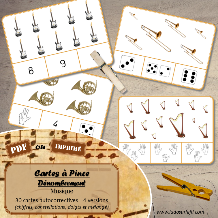 Jeu de cartes à pince de dénombrement de 1 à 15 - Thème Instruments de musique - 30 cartes autocorrectives avec différentes représentations des nombres - constellations du dé, chiffres, doigts de la main, mélangé - compter de 1 à 15 - 120 cartes réparties en 4 niveaux de difficulté - progressif - Autocorrection au dos - Atelier autonome maternelle ou élémentaire - Cycles 1 et 2 - Document PDF à télécharger et imprimer ou jeu imprimé - Motricité fine et pince Pouce-Index avec pinces à linge - ludique - Thème Instruments de musique, fête de la musique, été - lslf