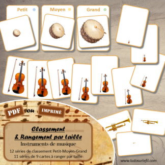 Jeu de classement, de rangement et de tri par taille - Instruments de musique - Cartes à trier, à classer et à ranger - Petit Moyen Grand - Instruments de musique, fête de la musique, été - fichier PDF à télécharger et à imprimer ou jeu imprimé - atelier autocorrectif maternelle et pré-scolaire - lslf