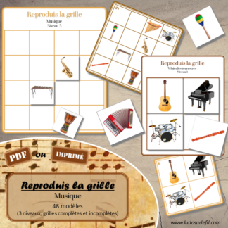 Reproduis la grille - Instruments de musique - 48 modèles à reproduire - Repérage dans l'espace et vocabulaire spatial - Variante pour travailler la mémoire - Variante à deux pour le langage oral - Dicte, décris la grille pour que l'autre jouer la reproduise - jeu et atelier autonome Maternelle (Cycle 1) et Primaire (Cycle 2) - PDF à télécharger et à imprimer ou jeu imprimé - difficulté progressive - repérage spatial - se repérer dans une grille, dans un tableau - Thème Instruments, fête de la musique, été - lslf