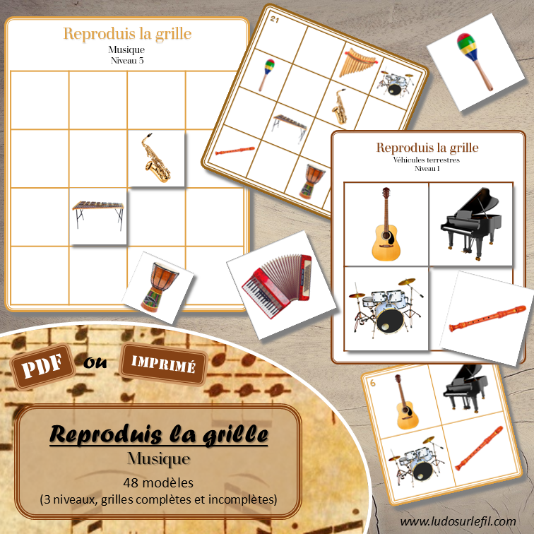 Reproduis la grille - Instruments de musique - 48 modèles à reproduire - Repérage dans l'espace et vocabulaire spatial - Variante pour travailler la mémoire - Variante à deux pour le langage oral - Dicte, décris la grille pour que l'autre jouer la reproduise - jeu et atelier autonome Maternelle (Cycle 1) et Primaire (Cycle 2) - PDF à télécharger et à imprimer ou jeu imprimé - difficulté progressive - repérage spatial - se repérer dans une grille, dans un tableau - Thème Instruments, fête de la musique, été - lslf