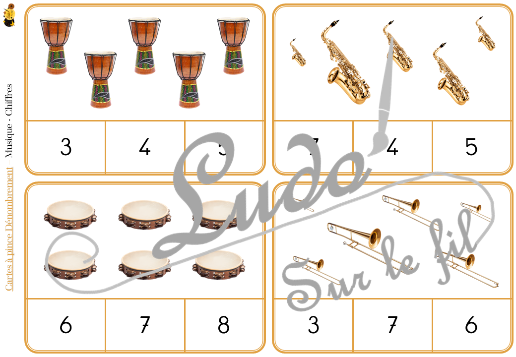 Jeu de cartes à pince de dénombrement de 1 à 15 - Thème Instruments de musique - 30 cartes autocorrectives avec différentes représentations des nombres - constellations du dé, chiffres, doigts de la main, mélangé - compter de 1 à 15 - 120 cartes réparties en 4 niveaux de difficulté - progressif - Autocorrection au dos - Atelier autonome maternelle ou élémentaire - Cycles 1 et 2 - Document PDF à télécharger et imprimer ou jeu imprimé - Motricité fine et pince Pouce-Index avec pinces à linge - ludique - Thème Instruments de musique, fête de la musique, été - lslf