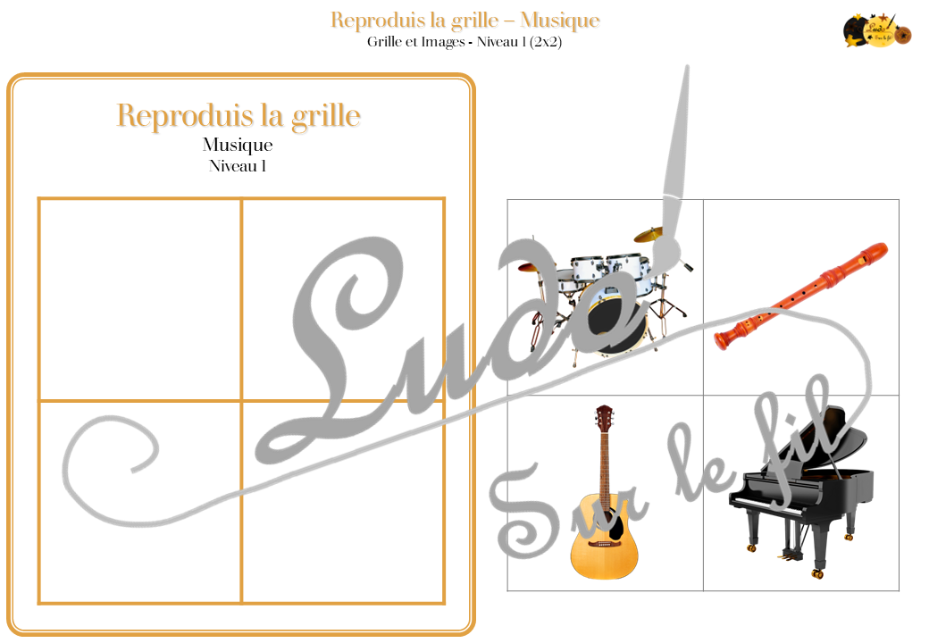 Reproduis la grille - Instruments de musique - 48 modèles à reproduire - Repérage dans l'espace et vocabulaire spatial - Variante pour travailler la mémoire - Variante à deux pour le langage oral - Dicte, décris la grille pour que l'autre jouer la reproduise - jeu et atelier autonome Maternelle (Cycle 1) et Primaire (Cycle 2) - PDF à télécharger et à imprimer ou jeu imprimé - difficulté progressive - repérage spatial - se repérer dans une grille, dans un tableau - Thème Instruments, fête de la musique, été - lslf