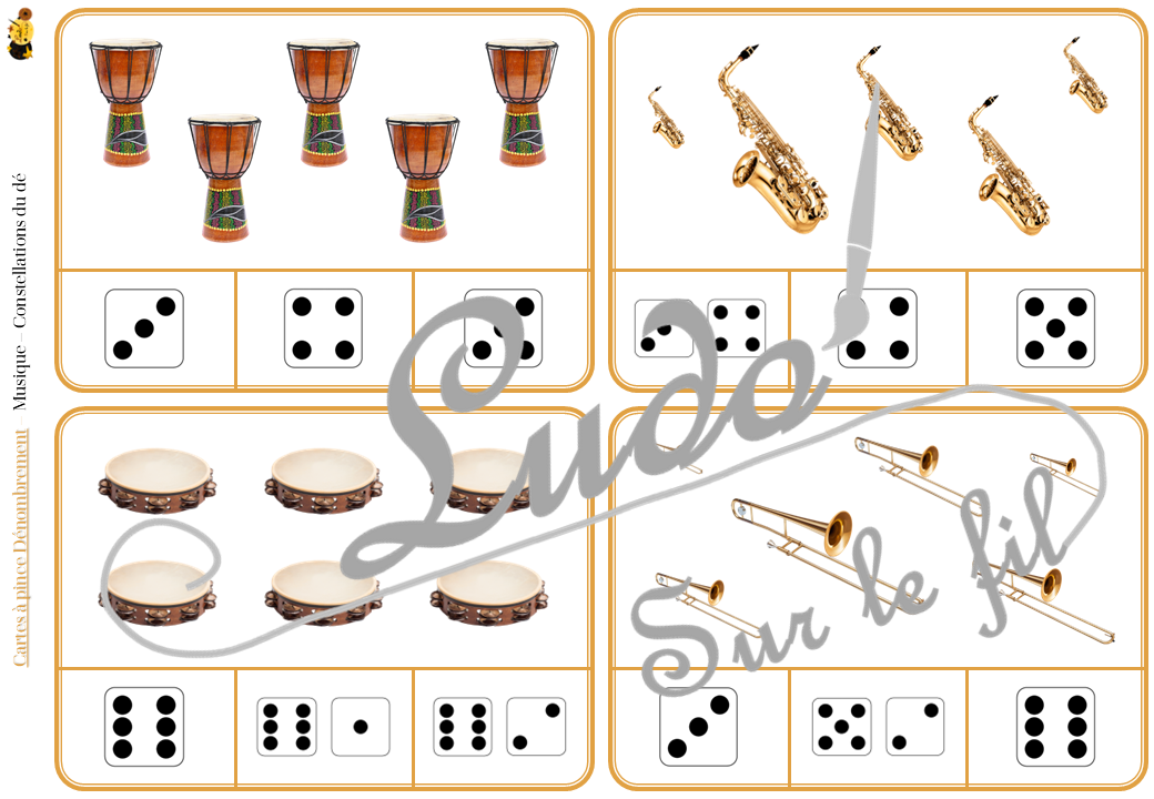 Jeu de cartes à pince de dénombrement de 1 à 15 - Thème Instruments de musique - 30 cartes autocorrectives avec différentes représentations des nombres - constellations du dé, chiffres, doigts de la main, mélangé - compter de 1 à 15 - 120 cartes réparties en 4 niveaux de difficulté - progressif - Autocorrection au dos - Atelier autonome maternelle ou élémentaire - Cycles 1 et 2 - Document PDF à télécharger et imprimer ou jeu imprimé - Motricité fine et pince Pouce-Index avec pinces à linge - ludique - Thème Instruments de musique, fête de la musique, été - lslf
