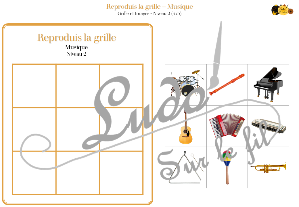 Reproduis la grille - Instruments de musique - 48 modèles à reproduire - Repérage dans l'espace et vocabulaire spatial - Variante pour travailler la mémoire - Variante à deux pour le langage oral - Dicte, décris la grille pour que l'autre jouer la reproduise - jeu et atelier autonome Maternelle (Cycle 1) et Primaire (Cycle 2) - PDF à télécharger et à imprimer ou jeu imprimé - difficulté progressive - repérage spatial - se repérer dans une grille, dans un tableau - Thème Instruments, fête de la musique, été - lslf
