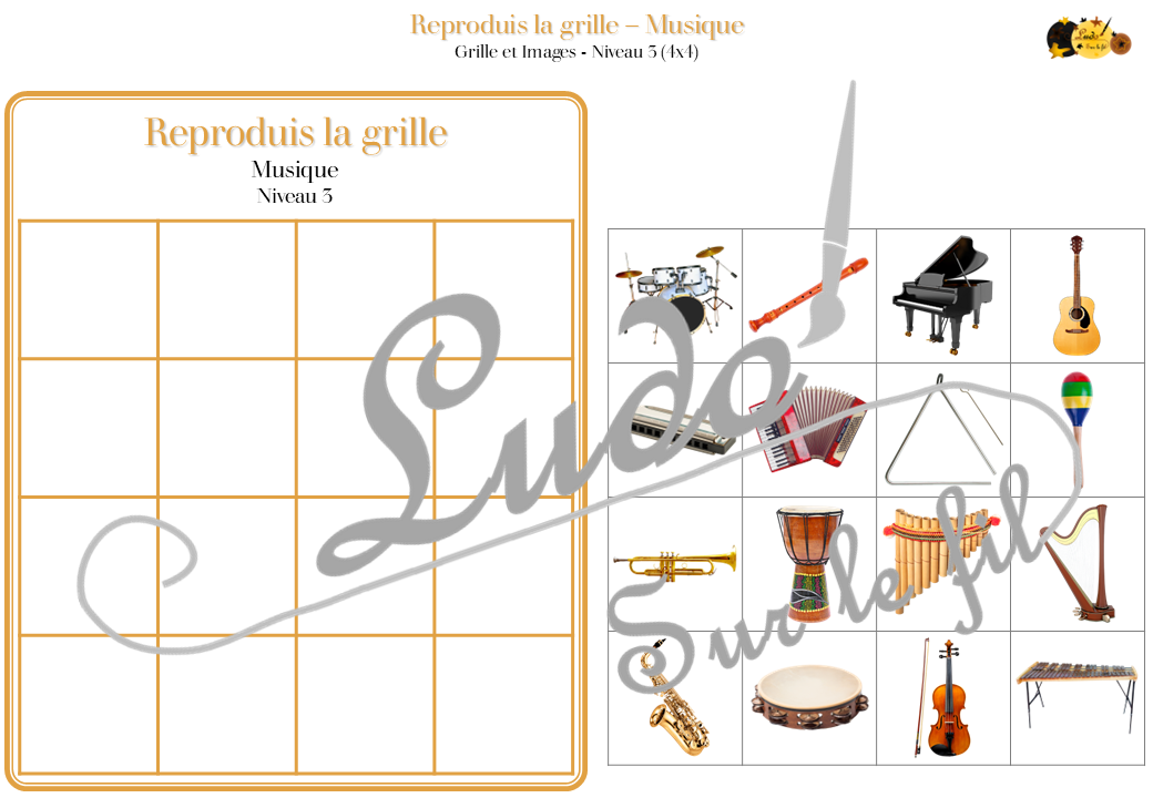 Reproduis la grille - Instruments de musique - 48 modèles à reproduire - Repérage dans l'espace et vocabulaire spatial - Variante pour travailler la mémoire - Variante à deux pour le langage oral - Dicte, décris la grille pour que l'autre jouer la reproduise - jeu et atelier autonome Maternelle (Cycle 1) et Primaire (Cycle 2) - PDF à télécharger et à imprimer ou jeu imprimé - difficulté progressive - repérage spatial - se repérer dans une grille, dans un tableau - Thème Instruments, fête de la musique, été - lslf