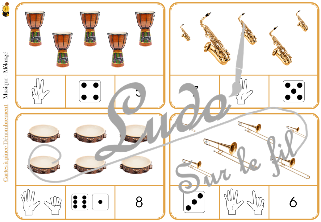 Jeu de cartes à pince de dénombrement de 1 à 15 - Thème Instruments de musique - 30 cartes autocorrectives avec différentes représentations des nombres - constellations du dé, chiffres, doigts de la main, mélangé - compter de 1 à 15 - 120 cartes réparties en 4 niveaux de difficulté - progressif - Autocorrection au dos - Atelier autonome maternelle ou élémentaire - Cycles 1 et 2 - Document PDF à télécharger et imprimer ou jeu imprimé - Motricité fine et pince Pouce-Index avec pinces à linge - ludique - Thème Instruments de musique, fête de la musique, été - lslf