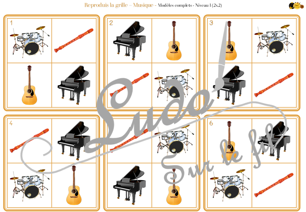 Reproduis la grille - Instruments de musique - 48 modèles à reproduire - Repérage dans l'espace et vocabulaire spatial - Variante pour travailler la mémoire - Variante à deux pour le langage oral - Dicte, décris la grille pour que l'autre jouer la reproduise - jeu et atelier autonome Maternelle (Cycle 1) et Primaire (Cycle 2) - PDF à télécharger et à imprimer ou jeu imprimé - difficulté progressive - repérage spatial - se repérer dans une grille, dans un tableau - Thème Instruments, fête de la musique, été - lslf