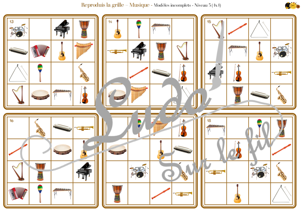 Reproduis la grille - Instruments de musique - 48 modèles à reproduire - Repérage dans l'espace et vocabulaire spatial - Variante pour travailler la mémoire - Variante à deux pour le langage oral - Dicte, décris la grille pour que l'autre jouer la reproduise - jeu et atelier autonome Maternelle (Cycle 1) et Primaire (Cycle 2) - PDF à télécharger et à imprimer ou jeu imprimé - difficulté progressive - repérage spatial - se repérer dans une grille, dans un tableau - Thème Instruments, fête de la musique, été - lslf