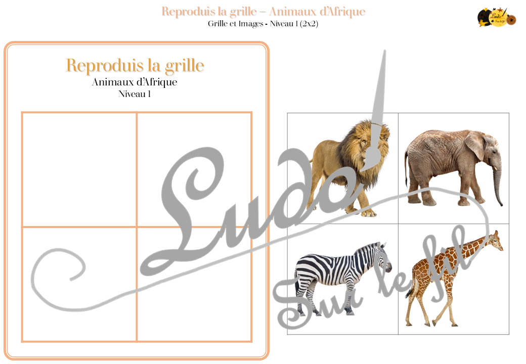Reproduis la grille - Animaux de la savane et de l'Afrique - 48 modèles à reproduire - Repérage dans l'espace et vocabulaire spatial - Variante pour travailler la mémoire - Variante à deux pour le langage oral - Dicte, décris la grille pour que l'autre jouer la reproduise - jeu et atelier autonome Maternelle (Cycle 1) et Primaire (Cycle 2) - PDF à télécharger et à imprimer ou jeu imprimé - difficulté progressive - repérage spatial - se repérer dans une grille, dans un tableau - Thème Animaux d'Afrique, Animaux de la savane et du désert, été - lslf