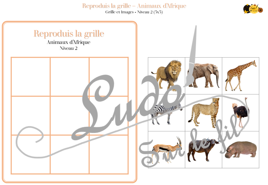 Reproduis la grille - Animaux de la savane et de l'Afrique - 48 modèles à reproduire - Repérage dans l'espace et vocabulaire spatial - Variante pour travailler la mémoire - Variante à deux pour le langage oral - Dicte, décris la grille pour que l'autre jouer la reproduise - jeu et atelier autonome Maternelle (Cycle 1) et Primaire (Cycle 2) - PDF à télécharger et à imprimer ou jeu imprimé - difficulté progressive - repérage spatial - se repérer dans une grille, dans un tableau - Thème Animaux d'Afrique, Animaux de la savane et du désert, été - lslf