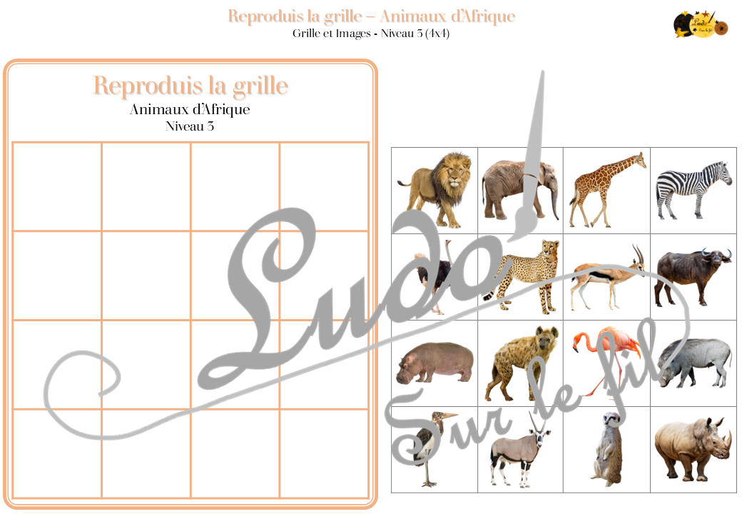 Reproduis la grille - Animaux de la savane et de l'Afrique - 48 modèles à reproduire - Repérage dans l'espace et vocabulaire spatial - Variante pour travailler la mémoire - Variante à deux pour le langage oral - Dicte, décris la grille pour que l'autre jouer la reproduise - jeu et atelier autonome Maternelle (Cycle 1) et Primaire (Cycle 2) - PDF à télécharger et à imprimer ou jeu imprimé - difficulté progressive - repérage spatial - se repérer dans une grille, dans un tableau - Thème Animaux d'Afrique, Animaux de la savane et du désert, été - lslf