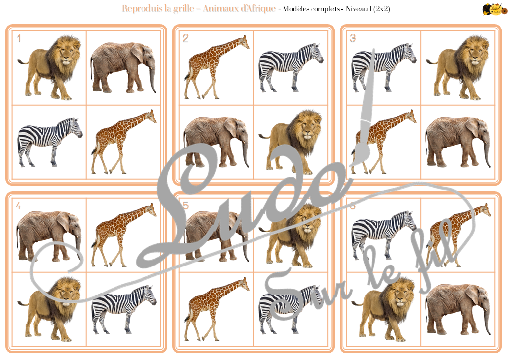Reproduis la grille - Animaux de la savane et de l'Afrique - 48 modèles à reproduire - Repérage dans l'espace et vocabulaire spatial - Variante pour travailler la mémoire - Variante à deux pour le langage oral - Dicte, décris la grille pour que l'autre jouer la reproduise - jeu et atelier autonome Maternelle (Cycle 1) et Primaire (Cycle 2) - PDF à télécharger et à imprimer ou jeu imprimé - difficulté progressive - repérage spatial - se repérer dans une grille, dans un tableau - Thème Animaux d'Afrique, Animaux de la savane et du désert, été - lslf