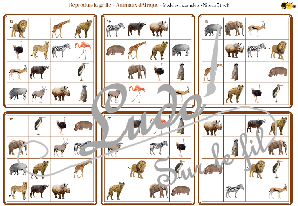 Reproduis la grille - Animaux de la savane et de l'Afrique - 48 modèles à reproduire - Repérage dans l'espace et vocabulaire spatial - Variante pour travailler la mémoire - Variante à deux pour le langage oral - Dicte, décris la grille pour que l'autre jouer la reproduise - jeu et atelier autonome Maternelle (Cycle 1) et Primaire (Cycle 2) - PDF à télécharger et à imprimer ou jeu imprimé - difficulté progressive - repérage spatial - se repérer dans une grille, dans un tableau - Thème Animaux d'Afrique, Animaux de la savane et du désert, été - lslf