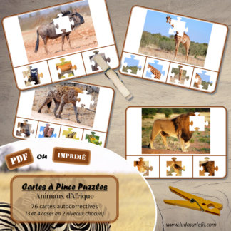 Jeu de cartes à pince - Puzzles - Thème Animaux de la savane et d'Afrique - 76 cartes autocorrectives de différents niveaux - 3 ou 4 propositions de réponses - Niveau 1 : pièces issues de puzzles différents - Niveau 2 : pièces issues du même puzzle - différents niveaux de difficulté - progressif - Autocorrection au dos : point grisé - Atelier autonome pré-scolaire, maternelle ou élémentaire - Cycles 1 et 2 - Document PDF à télécharger et imprimer ou jeu imprimé - Motricité fine et pince Pouce-Index avec pinces à linge, observation, discrimination visuelle, logique - ludique - Thème Animaux de la savane, du désert, d'Afrique, mammifères, oiseaux, insectes, reptiles, été... - lslf