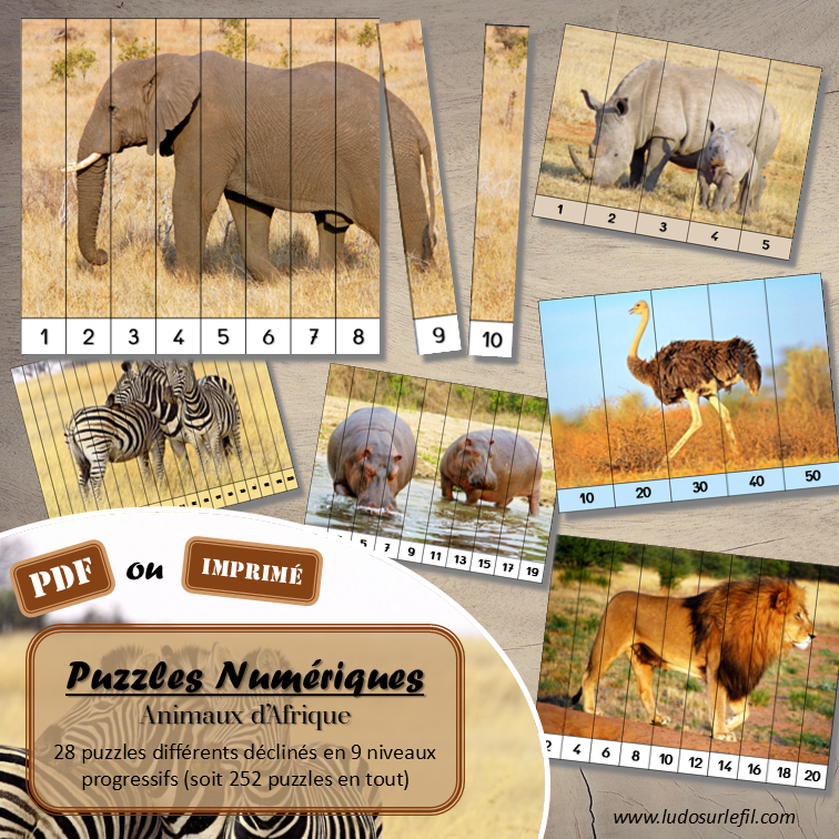 Jeu Puzzles numériques - Animaux de la savane et d'Afrique - 28 puzzles en 9 niveaux progressifs - Suite numérique de 1 à 20 - Comptage de 2 en 2 - Chiffres pairs et impairs - Comptage de 10 en 10 - Connaissance Chiffres et Dizaines - Mathématiques - Comptine numérique - mammifères, oiseaux, reptiles... Animaux d'Afrique, de la savane du désert, été - Atelier autonome maternelle et élémentaire - PDF à télécharger et imprimer ou jeu imprimé - cycles 1 ou 2 - lslf
