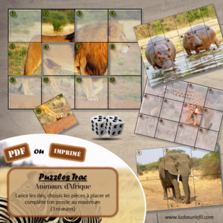 Jeu Puzzles Trac - Animaux de la savane et d'Afrique - inspiré du célèbre Shut the box - Fermer la boîte - Trac - lance les dés, choisis les pièces et complète ton puzzle au maximum - Mathématiques, constellations, dénombrement, additions, décomposition additive, stratégie, probabilité, différentes représentations nombre - Jeu de société en 3 niveaux progressifs - de 1 à 18 - Atelier maternelle et élémentaire - PDF à télécharger et imprimer ou jeu imprimé - cycles 1 ou 2 - calcul - Animaux d'Afrique et de la savane, été, mammifères, reptiles, oiseaux... - lslf