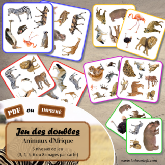 Jeu des doubles - Animaux de la savane et d'Afrique : mammifères, félins, insectes, oiseaux, reptiles... - 5 niveaux progressifs (3 4 5 6 ou 8 images) - Dobble - jeu pour travailler la discrimination visuelle, la rapidité l'observation et le lexique / vocabulaire autour des animaux de la savane, du désert et d'Afrique - Document PDF à télécharger et à imprimer ou jeu imprimé - lslf
