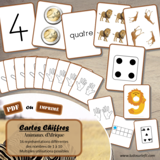 Cartes Chiffres - Thème Animaux de la savane et d'Afrique - Jeu d'association différentes représentations des nombres de 1 à 10 - 16 représentations différentes pour travailler différentes compétences - Chiffres, écrit en lettres (cursif, script et majuscule), quantité objets, constellations dé, doigts main, cartes à jouer, jetons dans boite, anglais, pièces, ... - File numérique de 1 à 10 - Comparaison de quantité - Mémo ou affichage classe - jeu de memory ou bataille - Atelier autonome et autocorrectif maternelle et cycle 2 (CP) - IEF - PDF à télécharger et imprimer ou jeu imprimé - version cartes facile à découper - Mathématiques - Animaux de la savane et d'Afrique, été - lslf