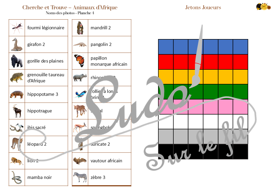 Cherche et Trouve - Animaux de la savane et d'Afrique - Photos - Lynx - mammifères, oiseaux, insectes, reptiles, félins, antilopes... de la savane, d'Afrique, du désert... Eté - Photos sur fond blanc - 4 planches pour un plateau modulable à souhait et différents niveaux de jeu - jusqu'à 100 cartes à trouver - jeu observation et rapidité - PDF à télécharger et à imprimer ou jeu imprimé - atelier maternelle - Noms des éléments - lslf
