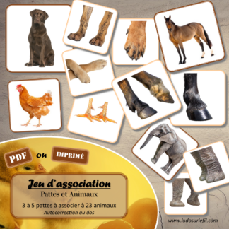 Jeu d'association Pattes et Animaux - 23 animaux différents de divers habitats, domestiques et sauvages - Association avec 3 à 5 photos de pattes - Discrimination visuelle, Vocabulaire, lexique - cartes à associer les unes aux autres - document PDF à télécharger et à imprimer ou jeu imprimé - atelier autocorrectif et autonome maternelle - Animaux de la ferme, de la savane, de la forêt, domestiques, oiseaux, mer, insectes... - Atelier nature, école dehors - lslf