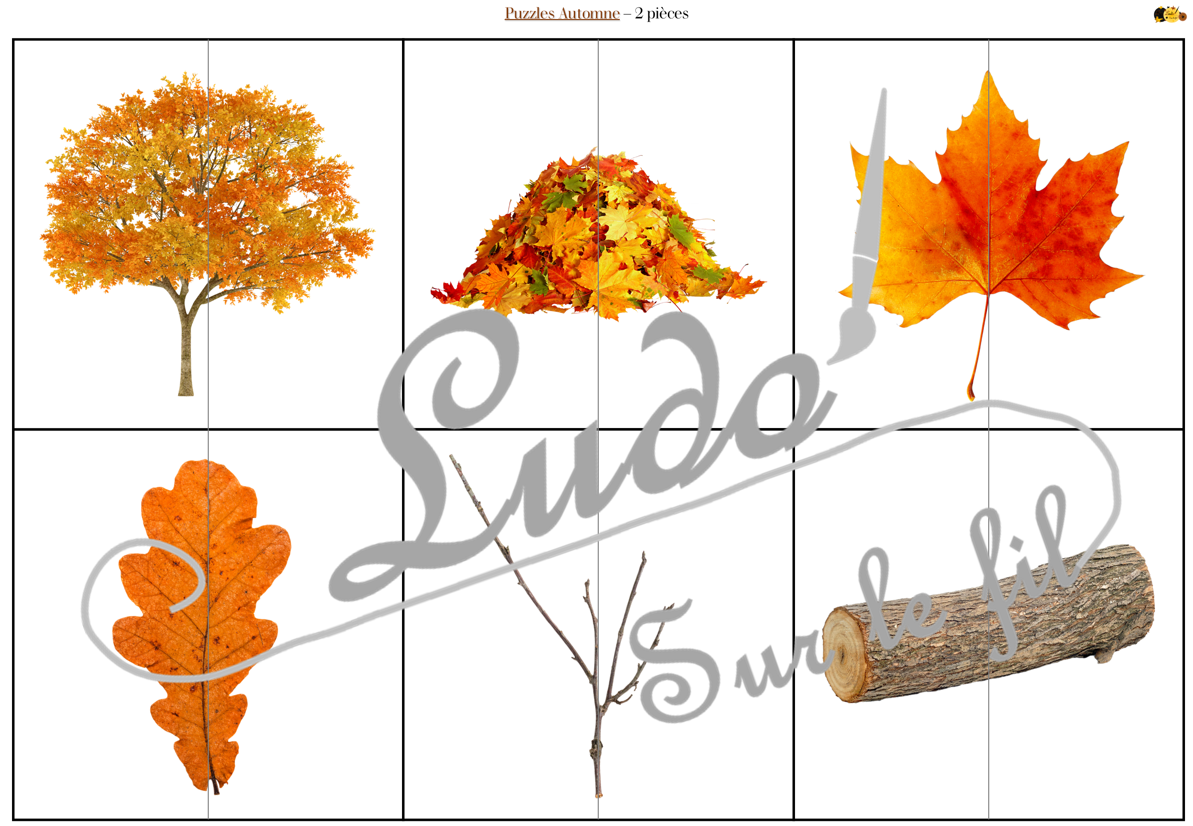 Jeu de puzzles - Imagier d'automne - 2 et 4 pièces - Demi photos - 72 photos sur fond blanc à reconstituer - Jeu et atelier autocorrectif association - observation - discrimination visuelle - PDF à télécharger et à imprimer ou jeu imprimé - Autocorrection - Atelier maternelle Cycle 2 - Vocabulaire - Eléments symboliques de l'automne : animaux, nature, forêt, aliments, météo, objets, vêtements... - lslf