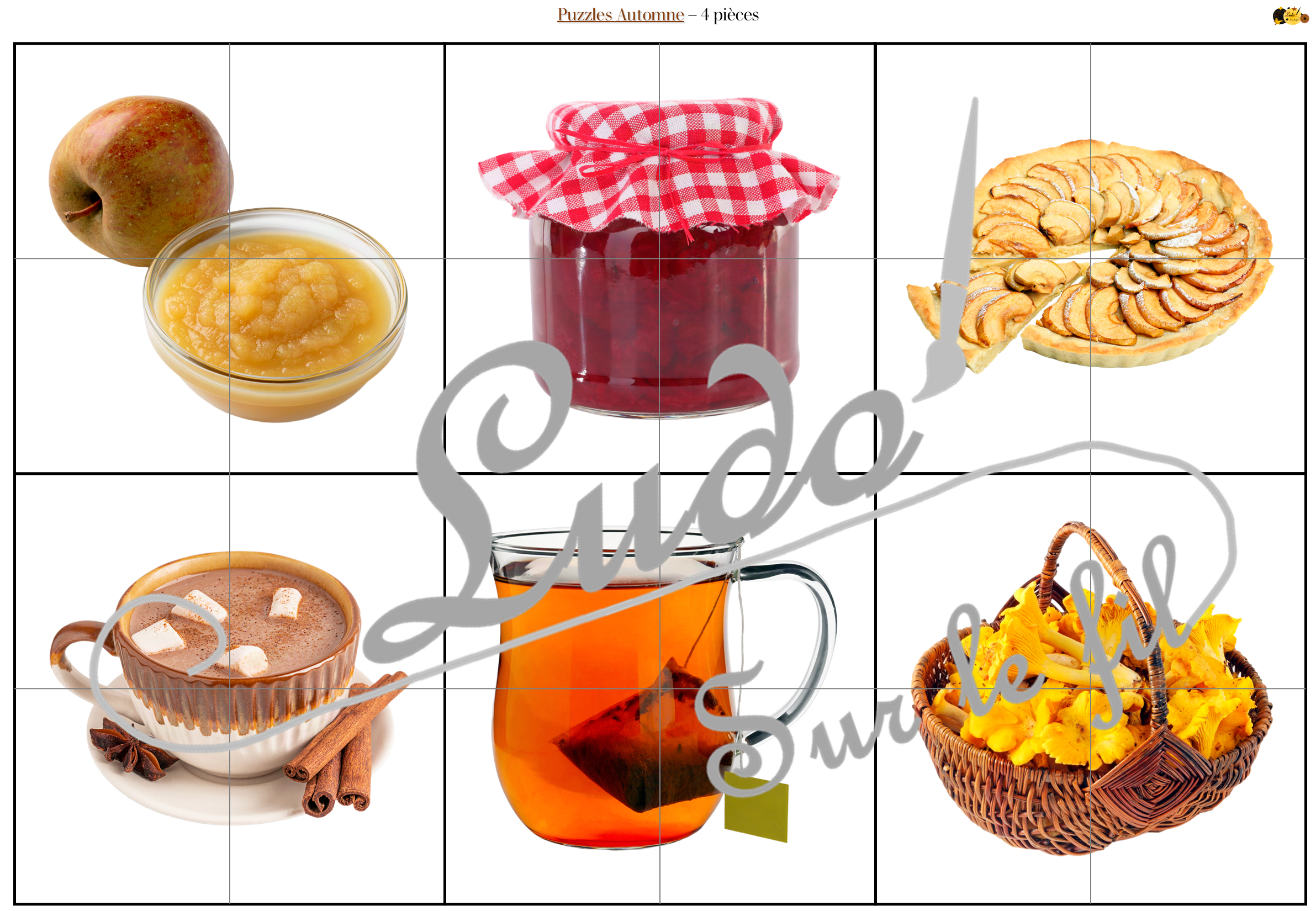 Jeu de puzzles - Imagier d'automne - 2 et 4 pièces - Demi photos - 72 photos sur fond blanc à reconstituer - Jeu et atelier autocorrectif association - observation - discrimination visuelle - PDF à télécharger et à imprimer ou jeu imprimé - Autocorrection - Atelier maternelle Cycle 2 - Vocabulaire - Eléments symboliques de l'automne : animaux, nature, forêt, aliments, météo, objets, vêtements... - lslf
