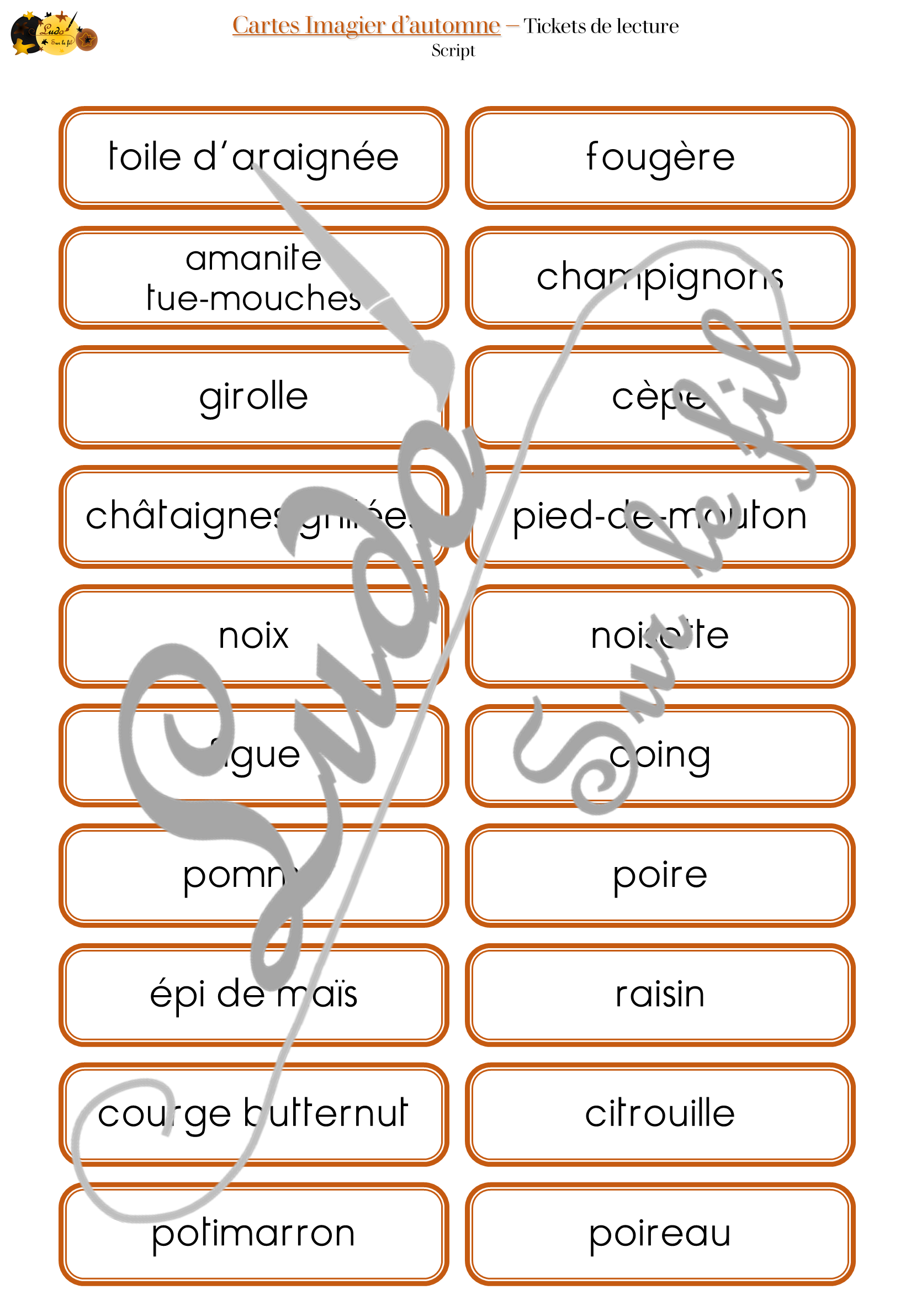 Jeu de cartes type Montessori (classifiées et de nomenclature) - Imagier d'automne - Animaux de la forêt, nature et forêt, aliments, arbres, champignons, objets, météo, vêtements... - Photos sur fond blanc - Autocorrection au dos (noms pour lecteurs, symboles pour non lecteur) - 3 graphies disponibles - Script, majuscule, cursif - Document PDF à télécharger et imprimer ou jeu imprimé - 72 cartes - Tickets de lecture - atelier autocorrectif maternelle élémentaire - Cycle 1 ou 2 - discrimination visuelle, observation, culture générale, lecture de mots, langage oral, lexique - 4 saisons - lslf