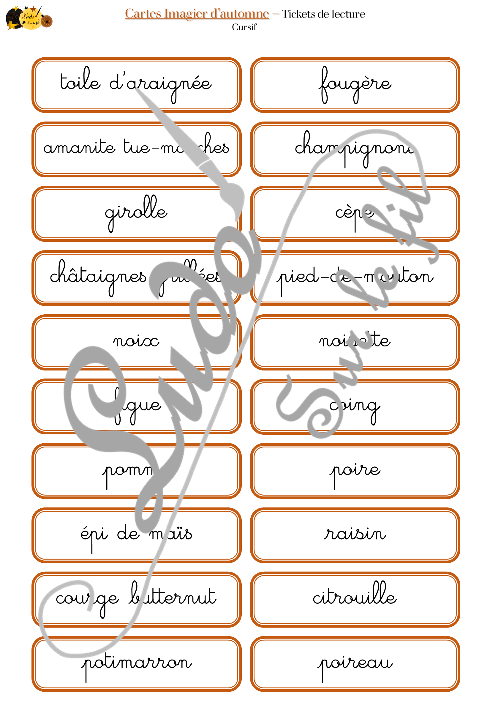Jeu de cartes type Montessori (classifiées et de nomenclature) - Imagier d'automne - Animaux de la forêt, nature et forêt, aliments, arbres, champignons, objets, météo, vêtements... - Photos sur fond blanc - Autocorrection au dos (noms pour lecteurs, symboles pour non lecteur) - 3 graphies disponibles - Script, majuscule, cursif - Document PDF à télécharger et imprimer ou jeu imprimé - 72 cartes - Tickets de lecture - atelier autocorrectif maternelle élémentaire - Cycle 1 ou 2 - discrimination visuelle, observation, culture générale, lecture de mots, langage oral, lexique - 4 saisons - lslf